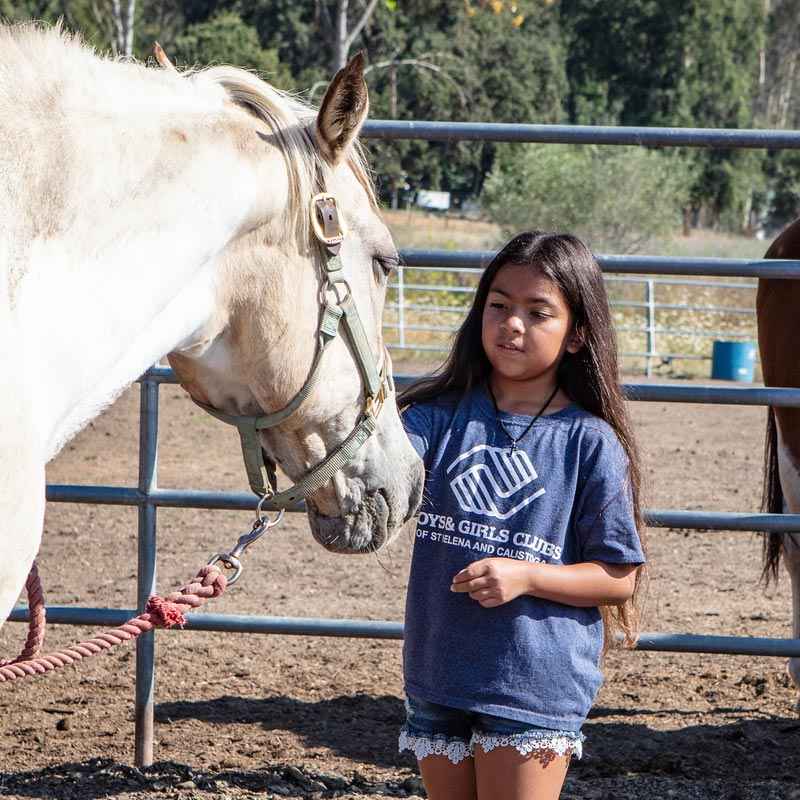 a young girl standing next to a white horse.