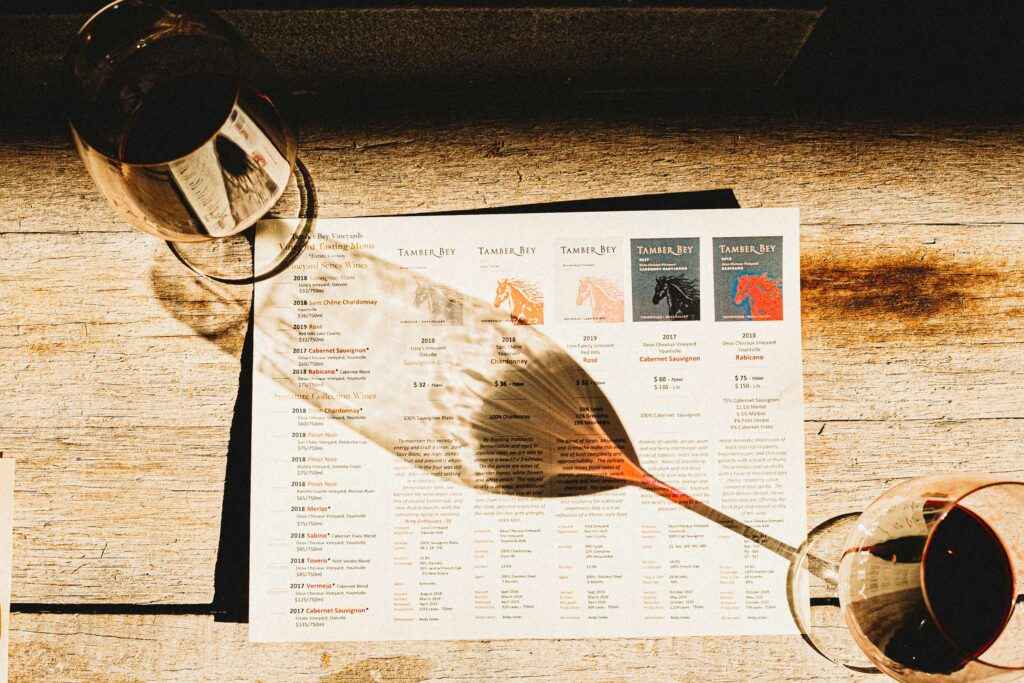a glass of wine and a menu on a table.
