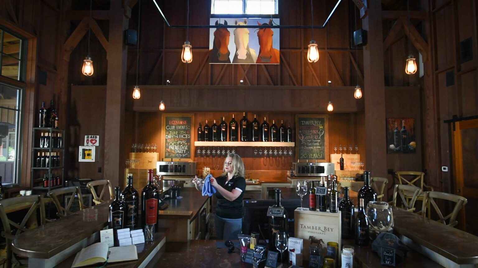 a woman standing behind a bar filled with bottles of wine.