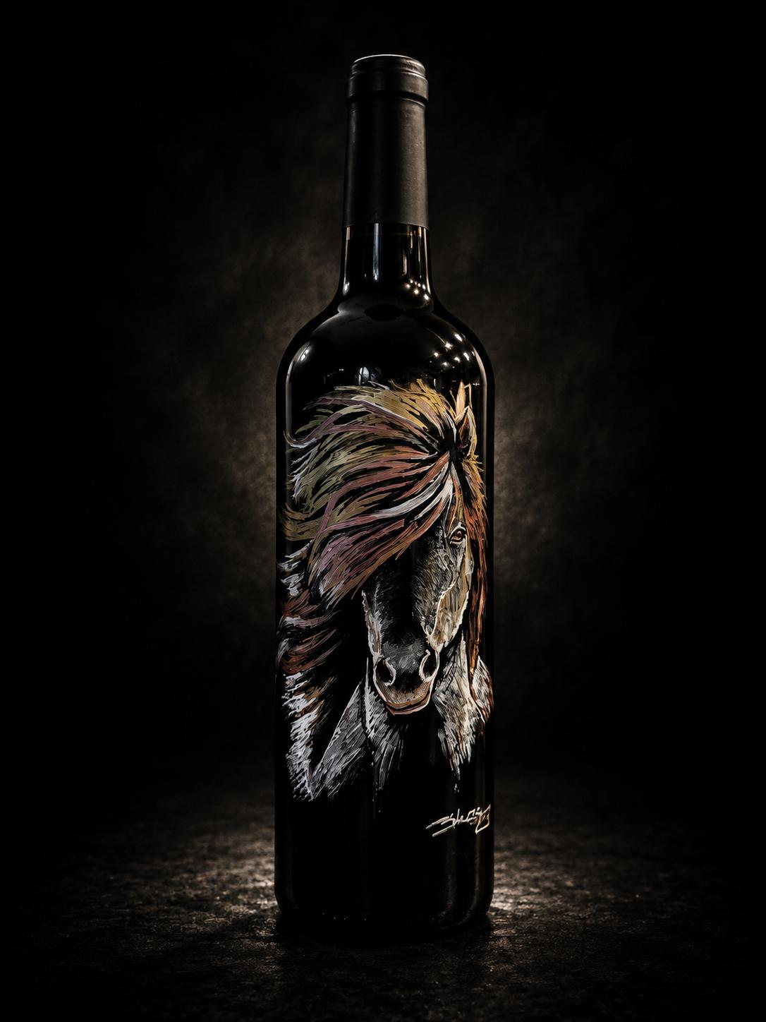 Detail of a hand-painted mane on black glass.
