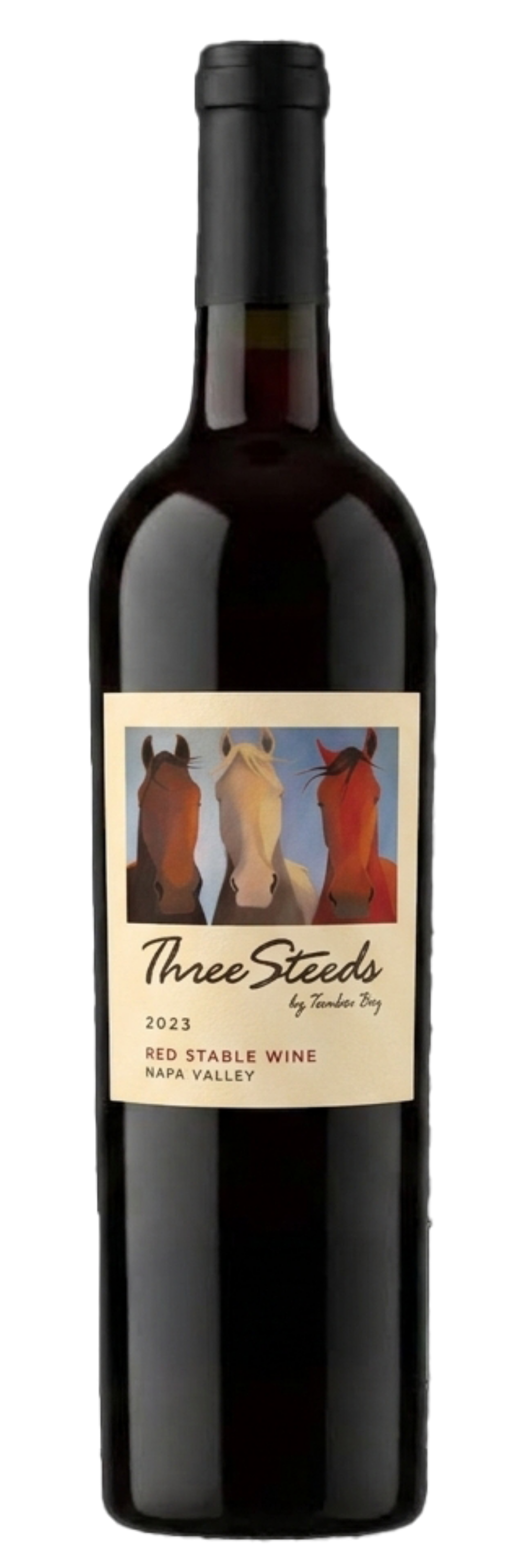 A bottle of 2023 Three Steeds Red Stable Wine.